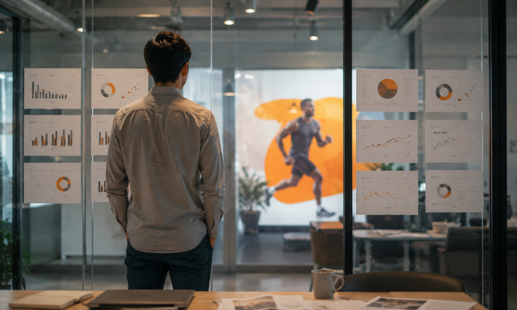 Professional standing in front of a glass wall covered with marketing performance charts while a campaign visual appears beyond the data.