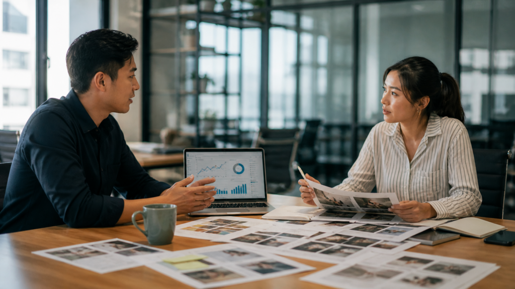 Agency professionals discussing campaign strategy at a meeting table with performance dashboard and creative layouts in office
