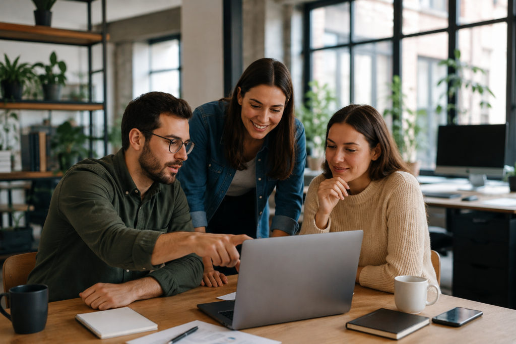 Small in-house marketing team gathered around a laptop in a modern office, discussing strategy and reviewing campaign work together.