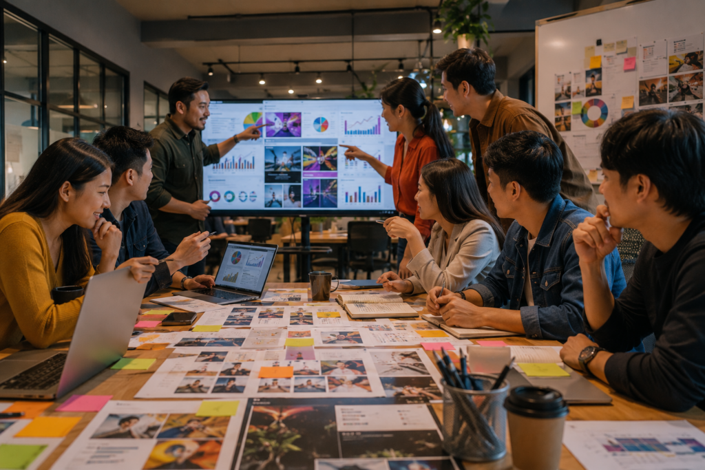 Creative agency team collaborating on campaign planning, reviewing analytics, creative concepts and marketing materials in an open office.