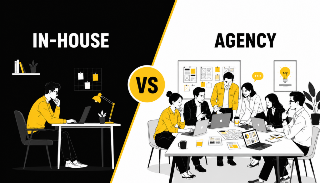Split illustration comparing an in-house marketer working alone with a larger agency team collaborating around a table, separated by a VS divider.