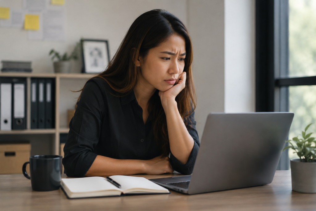 Marketing professional looking thoughtfully at a laptop beside a mostly blank notebook in a quiet office.
