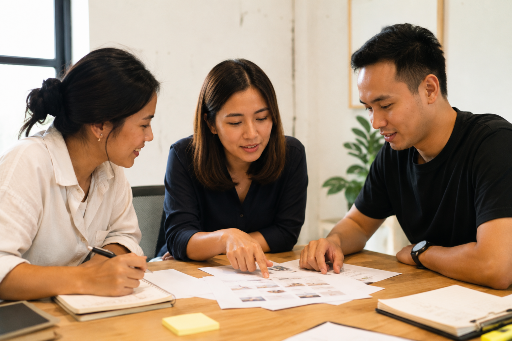 colleagues discussing a project brief around a meeting table in a bright office.