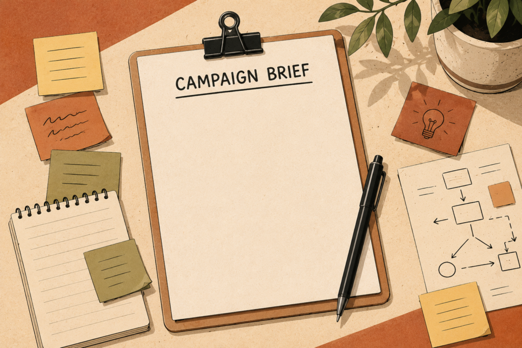 Flat illustration of a campaign brief document on a desk surrounded by sticky notes, a pen and planning materials.